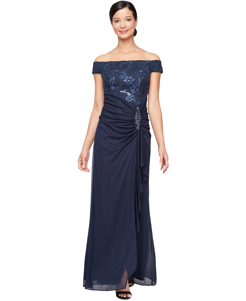 Alex Evenings Women's Embroidered Lace Ruched Gown
