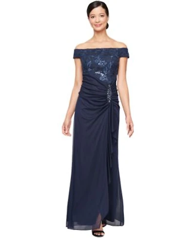 Alex Evenings Womens Embroidered Lace Ruched Gown