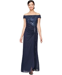 Alex Evenings Womens Embroidered Lace Ruched Gown