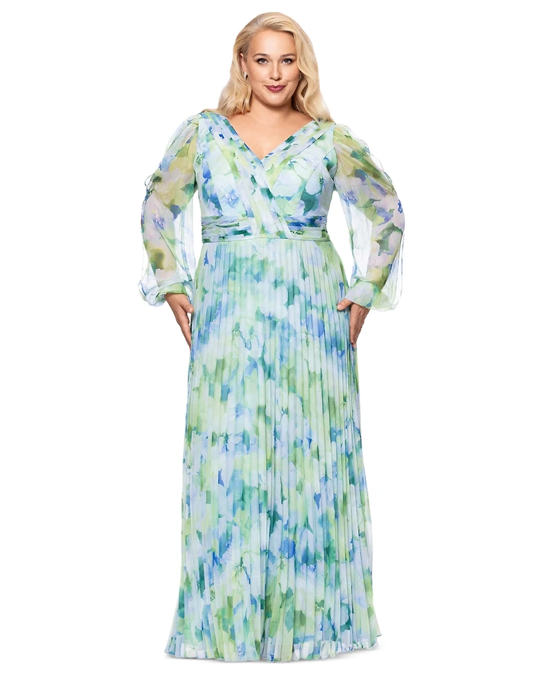 Betsy & Adam Plus Printed Pleated Long-Sleeve Gown