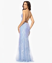 Blondie Nites Juniors' Sequin-Mesh Floor-Sweeping Corset Gown
