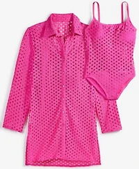 Carmen Marc Valvo Womens Crochet Tunic Swim Cover Up Crochet Scoop Neck One Piece Swimsuit