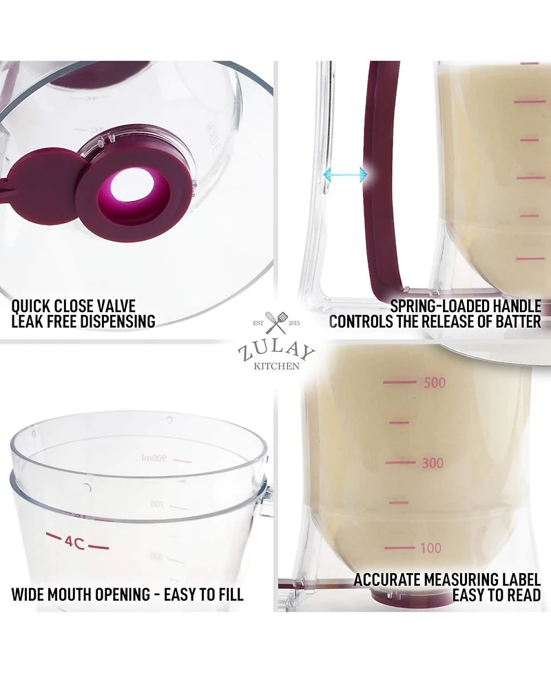 4 Cup Pancake Batter Dispenser with Squeeze Handle - Pancake Dispenser for Batter with Measuring Label
