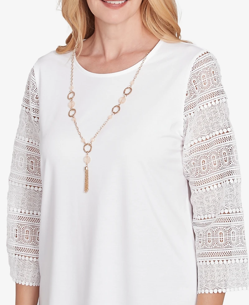 Alfred Dunner Petite Kensington Gardens Solid Lace Sleeve Knit Top with Necklace