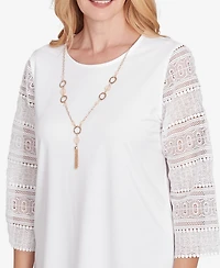 Alfred Dunner Petite Kensington Gardens Solid Lace Sleeve Knit Top with Necklace