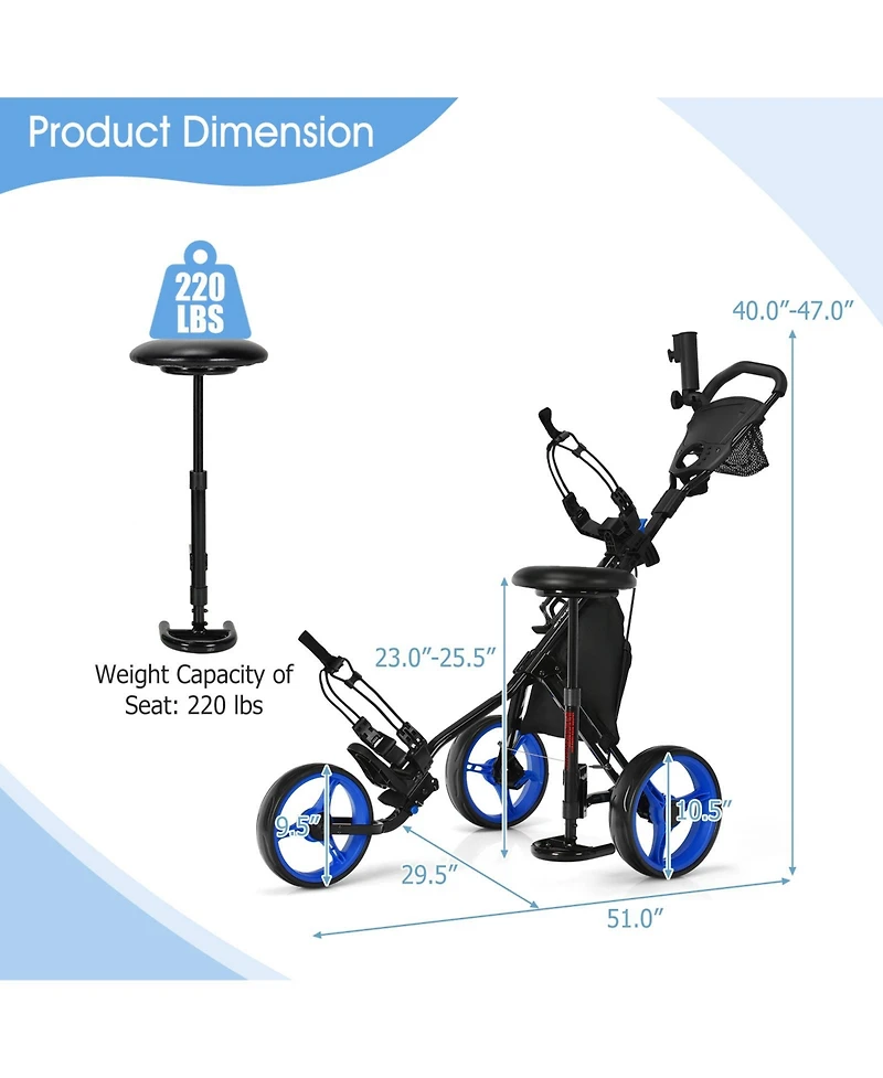 3 Wheels Folding Golf Push Cart with Seat Scoreboard and Adjustable Handle