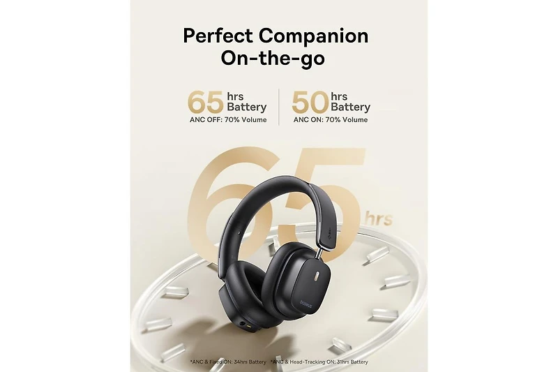 Baseus Active Noise Cancelling Headphones, Bowie 30 Max Head Tracking Spatial Audio, Ldac Hi-Res Wireless Sound, 65H Playtime, Comfort Fit, Clear Call