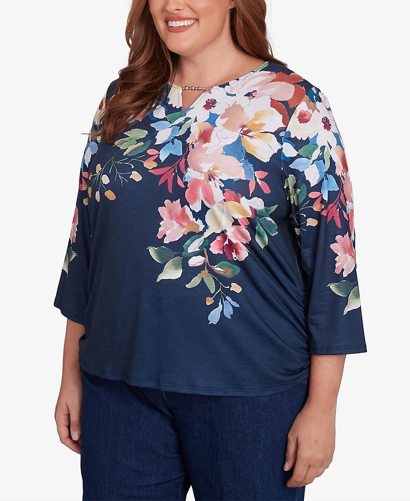 Alfred Dunner Plus Free Spirit Floral Knit Ruched Sleeve Top