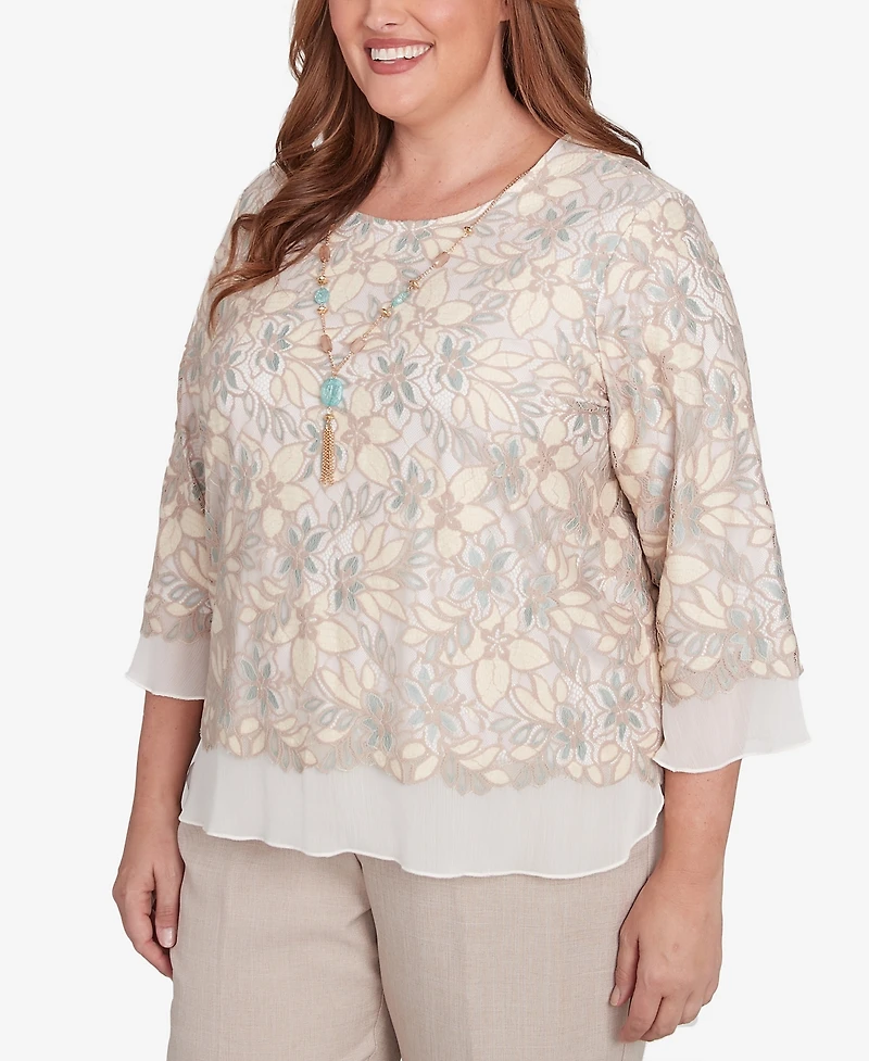 Alfred Dunner Plus Kensington Gardens Floral Lace Woven Trim Top with Necklace