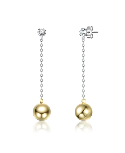 Sterling Silver Two-Tone White Gold Plated & 14K Gold Plated with Clear Cubic Zirconia Sphere Drop Earrings