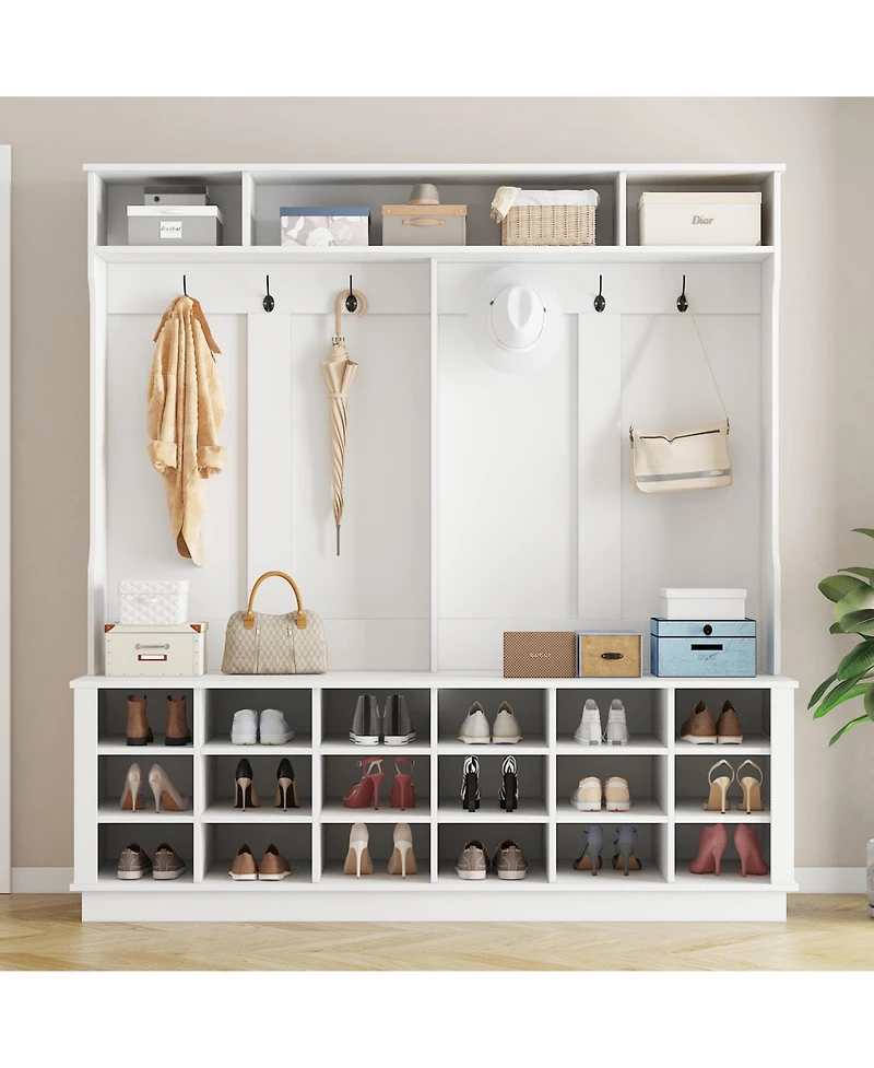 Famapy 63 in. W White Wood 3-in-1 Hall Tree Coat Rack Shoe Storage Bench with 6-Metal Double Hooks, Shoe Rack and Shelves