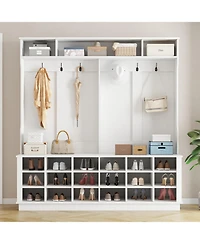 Famapy 63 in. W White Wood 3-in-1 Hall Tree Coat Rack Shoe Storage Bench with 6-Metal Double Hooks, Shoe Rack and Shelves