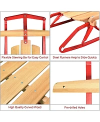 54 Inch Kids Wooden Snow Sled with Metal Runners and Steering Bar