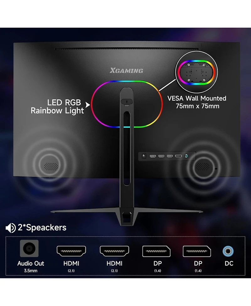 27 Inch Curved Gaming Monitor, Qhd 2560 x 1440 Computer Monitor 144Hz/165Hz, 16:9 Wide Hdr Display, FreeSync, 1ms Response, Pc Monitor Built-in Speake