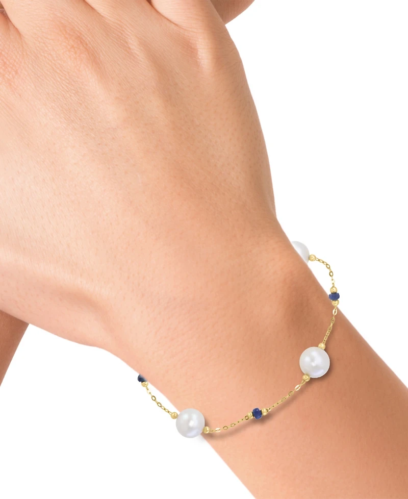 Effy Cultured Freshwater Pearl (8mm) & Sapphire (7/8 ct. t.w.) Link Bracelet in 14k Gold