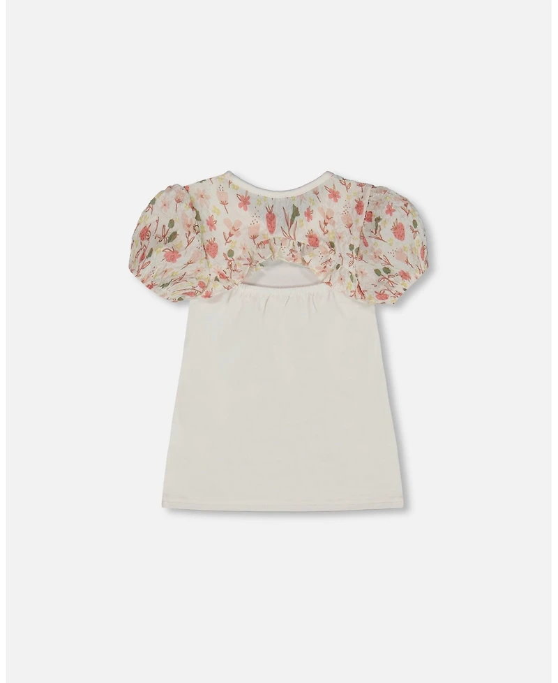 Deux par Deux Big Girls Bi-Material Organic Cotton Top With Puff Sleeve Pink Flowers On Cream Background
