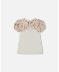 Deux par Deux Big Girls Bi-Material Organic Cotton Top With Puff Sleeve Pink Flowers On Cream Background