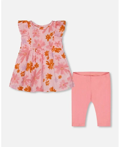 Deux par Deux Toddler Girls Printed Tunic And Solid Leggings Set Pink And Coral Flowers - Toddler|Child
