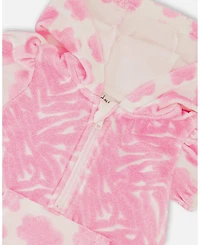 Deux par Baby Girls Printed Terry Romper With Hood Vibrant Pink And White