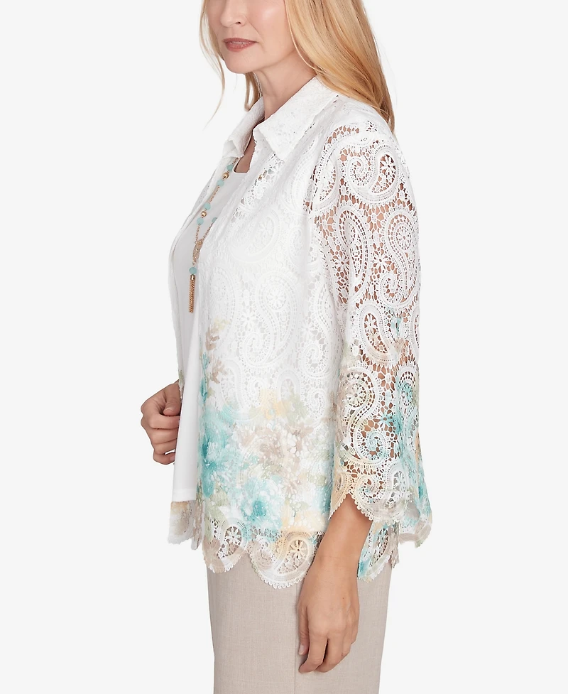 Alfred Dunner Petite Kensington Gardens Two in One Lace Floral Top with Necklace