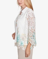 Alfred Dunner Petite Kensington Gardens Two in One Lace Floral Top with Necklace