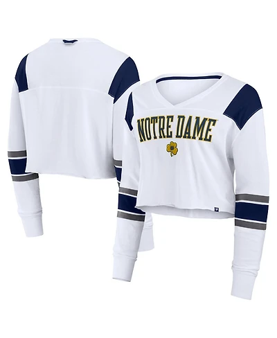 Fanatics Women's White Notre Dame Fighting Irish Training Camp Cropped Long Sleeve V-Neck Fashion Top