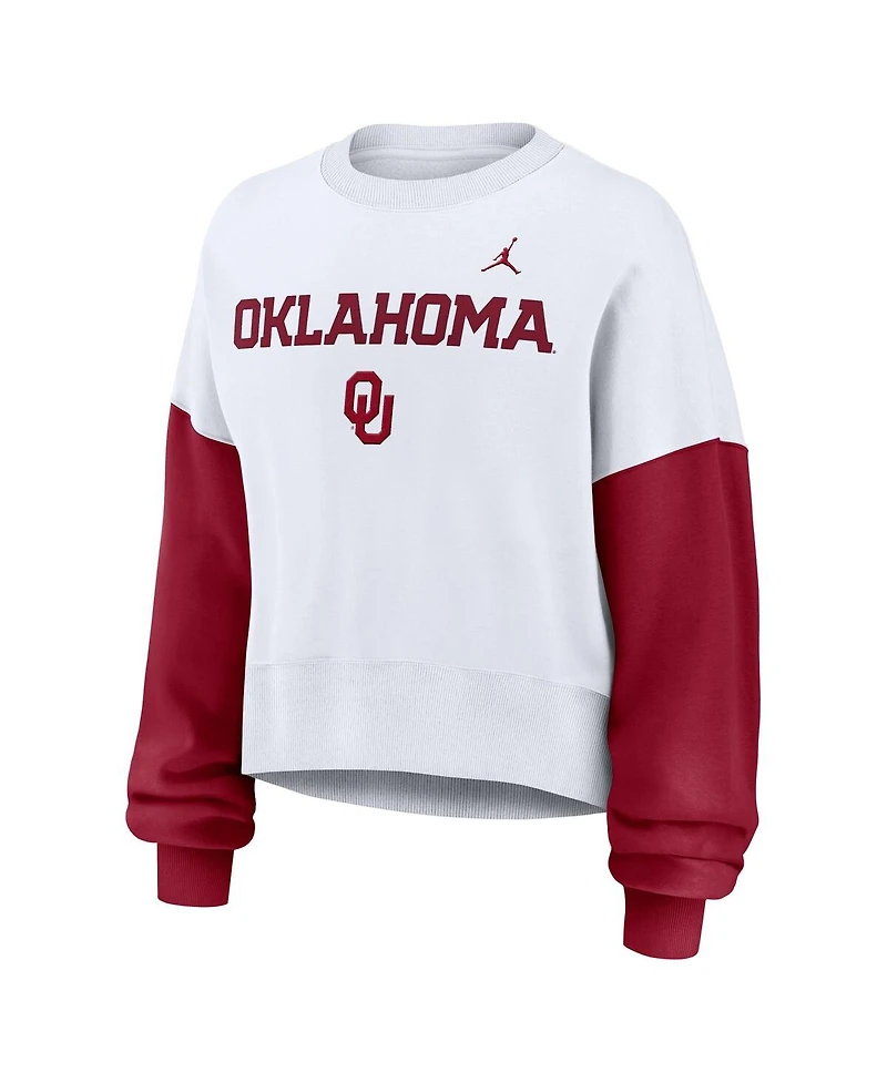 Jordan Women's White Oklahoma Sooners Color-Block Oversized Cropped Pullover Sweatshirt