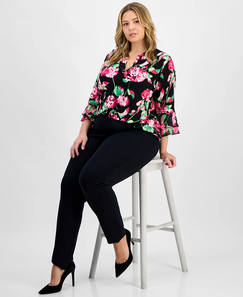 Kasper Plus Size Floral-Print Flutter-Sleeve Top