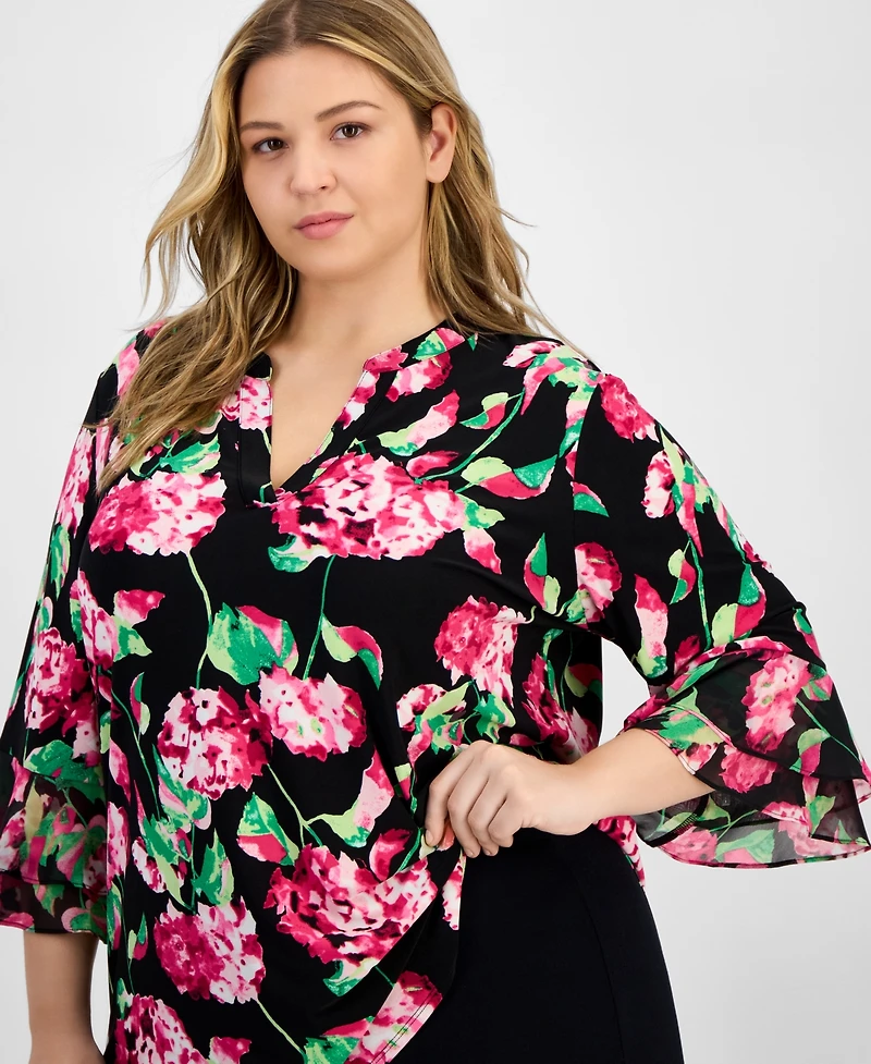 Kasper Plus Size Floral-Print Flutter-Sleeve Top