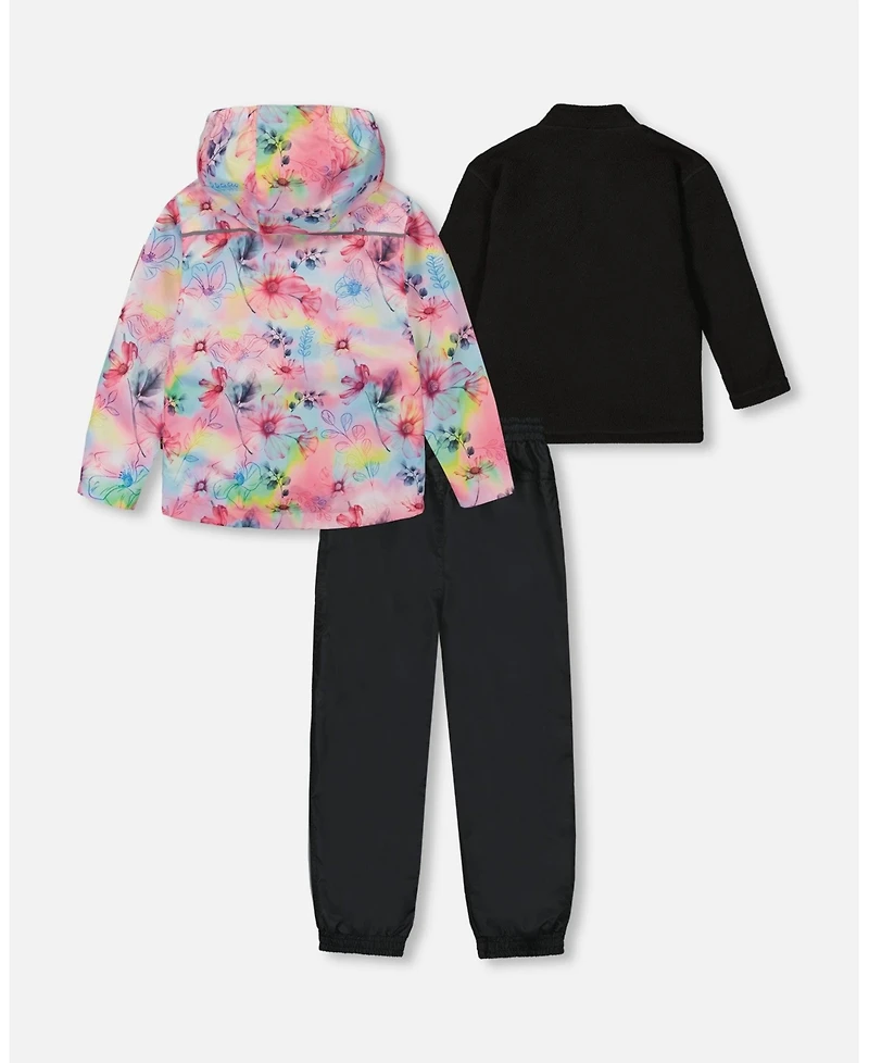 Deux par Deux Big Girls 3-In-1 Mid-Season Outerwear Set With Printed Jacket Black And Multicolored Flowers