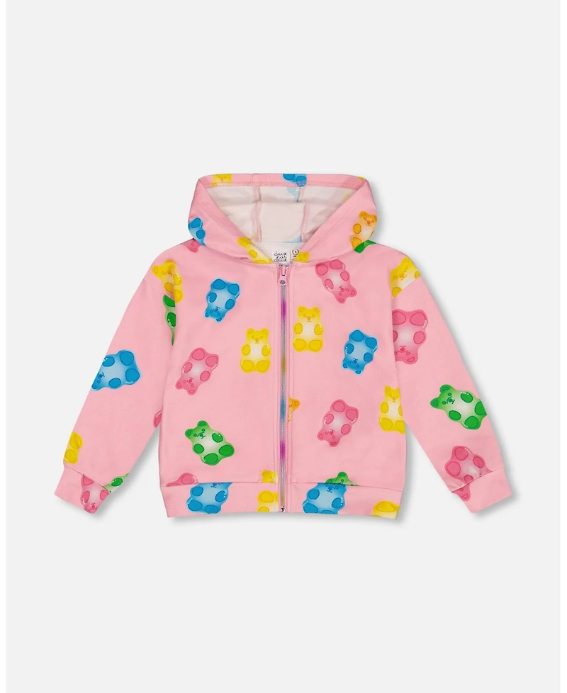 Deux par Deux Big Girls Printed French Terry Hoodie Cardigan Pink Multicolored Gummies