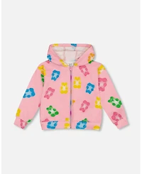 Deux par Deux Big Girls Printed French Terry Hoodie Cardigan Pink Multicolored Gummies