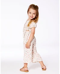 Deux par Deux Toddler Girls Printed Seersucker Jumpsuit With Cut Outs Pink Flowers On Cream Background - Toddler|Child