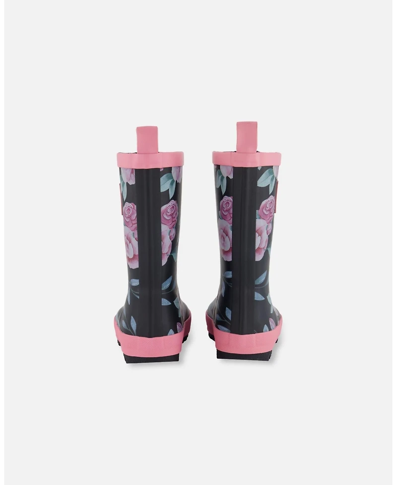 Deux par Deux Little Girls Printed Rain Boots Pink, Black, And Flowers