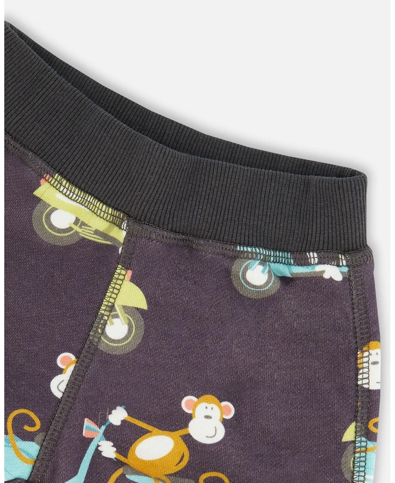 Deux par Deux Baby Boys Two-Piece Top And Short Set Monkey On Navy And Turquoise Moped