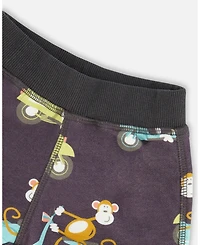 Deux par Deux Baby Boys Two-Piece Top And Short Set Monkey On Navy And Turquoise Moped
