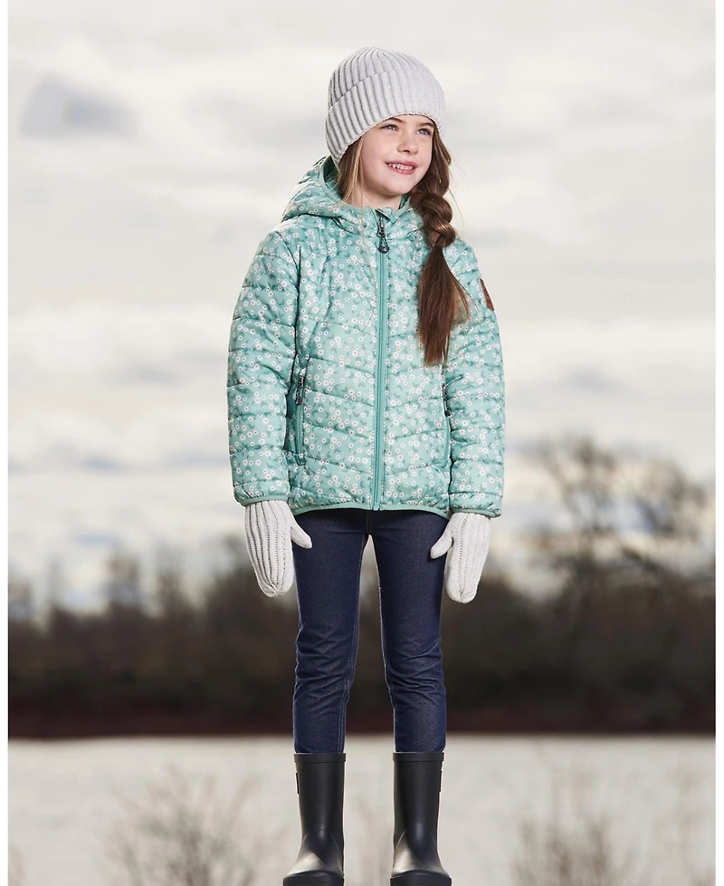 Deux par Deux Toddler Girls Printed Quilted Mid-Season Jacket Small White Flowers On Sage Green Background - Toddler|Child