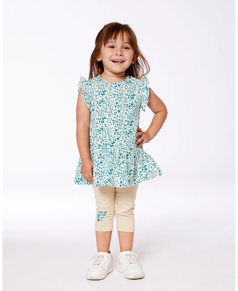 Deux par Deux Baby Girls Printed Organic Cotton Tunic Top Small Turquoise Flowers