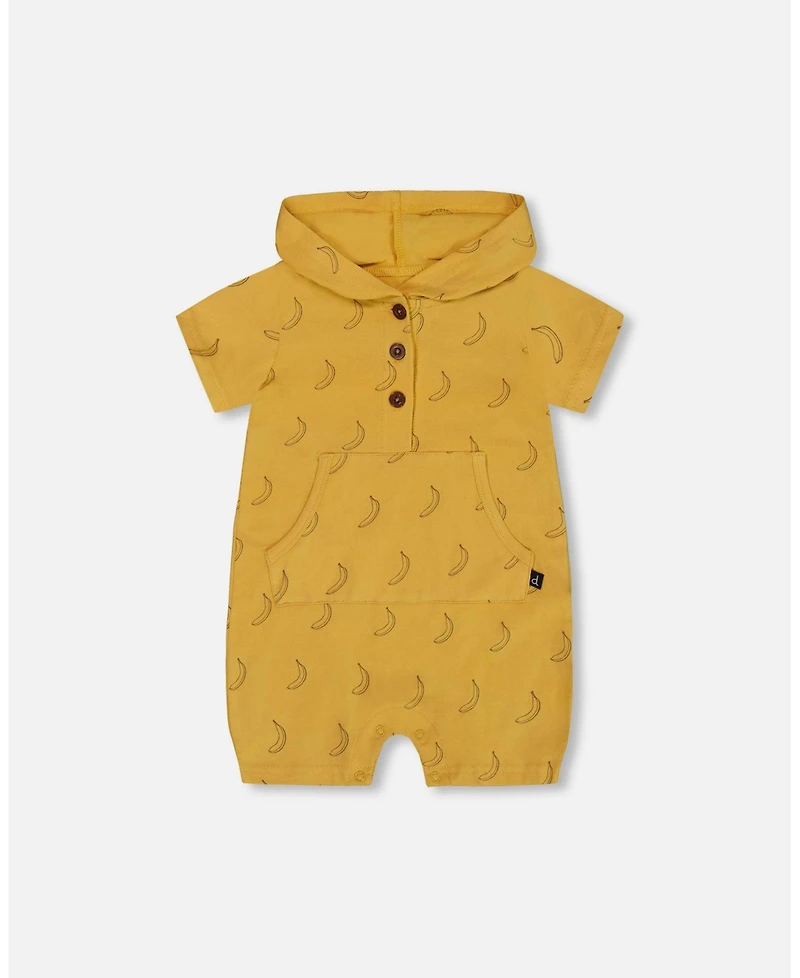 Deux par Deux Baby Boys Printed Organic Cotton Hooded Romper Yellow Bananas