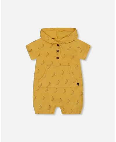 Deux par Deux Baby Boys Printed Organic Cotton Hooded Romper Yellow Bananas