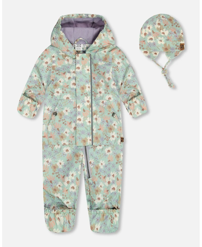 Deux par Deux Baby Girls Printed Mid-Season One-Piece Outerwear With Hat Small White Flowers On Turquoise And Lilac