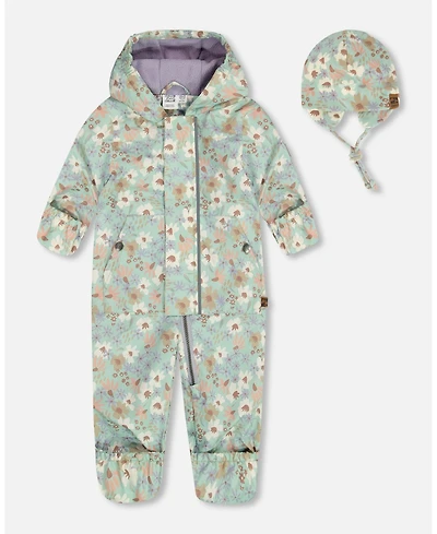 Deux par Deux Baby Girls Printed Mid-Season One-Piece Outerwear With Hat Small White Flowers On Turquoise And Lilac