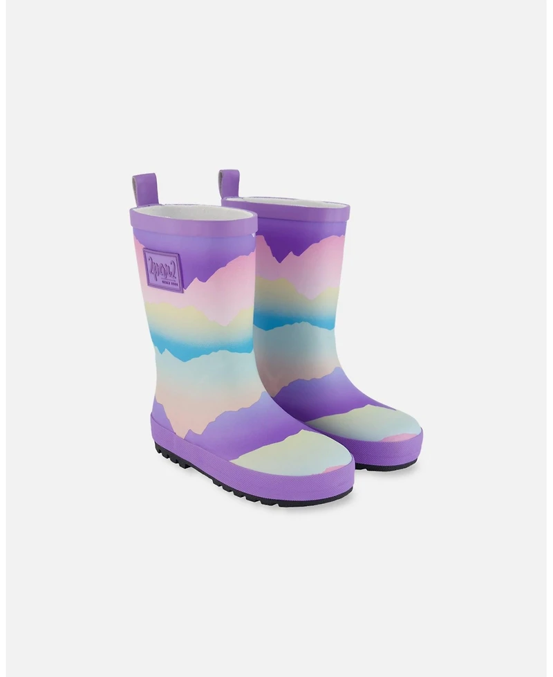 Deux par Deux Big Girls Printed Rain Boots Mauve And Blue, Pink Mountain - Toddler|Child