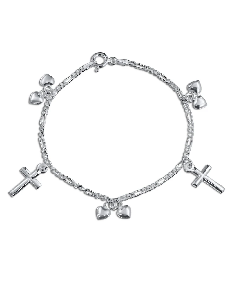 Bling Jewelry Christian Religious Multi Dangling Hearts Cross Charm Bracelet Polished .925 Sterling Silver