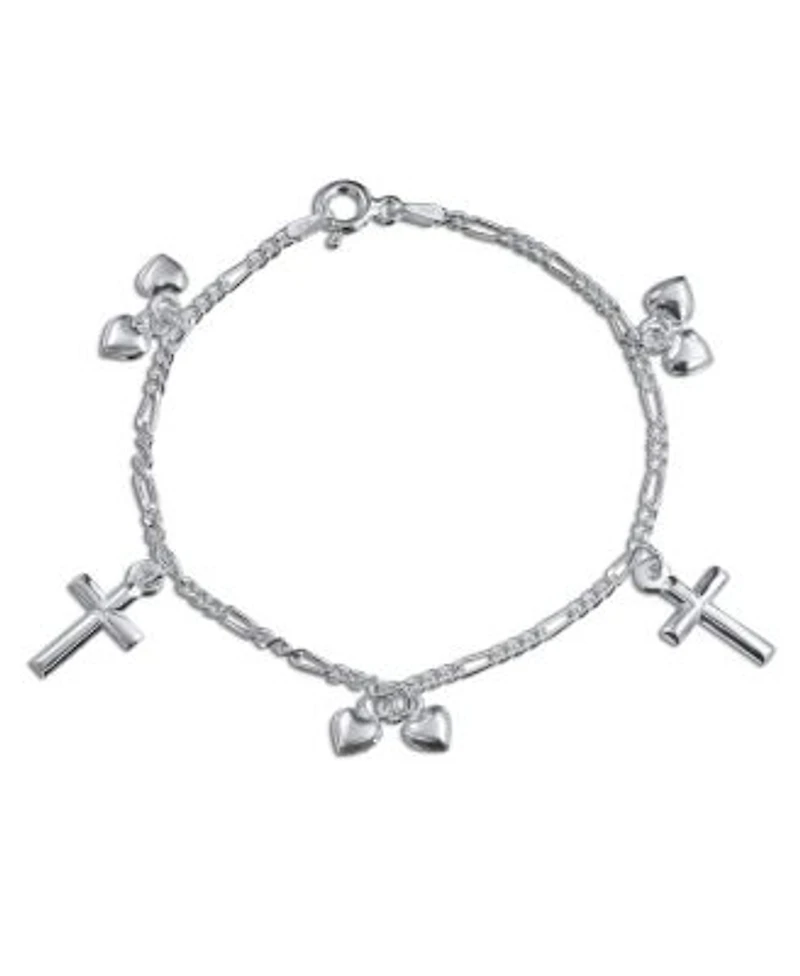 Bling Jewelry Christian Religious Multi Dangling Hearts Cross Charm Bracelet Polished .925 Sterling Silver
