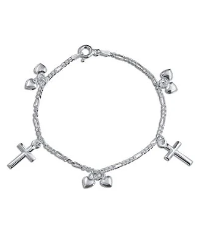 Bling Jewelry Christian Religious Multi Dangling Hearts Cross Charm Bracelet Polished .925 Sterling Silver