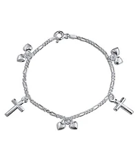 Bling Jewelry Christian Religious Multi Dangling Hearts Cross Charm Bracelet Polished .925 Sterling Silver