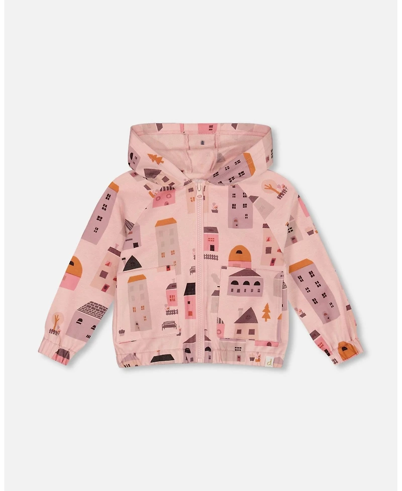 Deux par Deux Baby Girls Printed French Terry Hoodie Cardigan Pink And Coral Houses