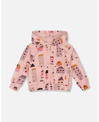 Deux par Deux Baby Girls Printed French Terry Hoodie Cardigan Pink And Coral Houses