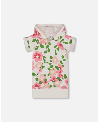 Deux par Deux Big Girls Printed French Terry Hooded Dress Pink Flowers On White Background